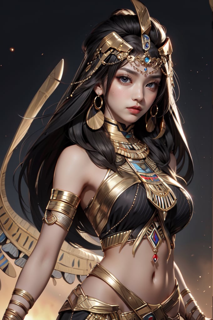 centered, upper body, standing, | masterpiece, | (red eyes), (bright eyes:1.1), glowing red eyes, | 1girl, female vampire, (solo), very long hairstyle, (black hair color:1.2), | egyptian, egyptian clothes ,egypt goddes ,egypt, seethru, egypt background, sandstorm, | bokeh, depth of field,