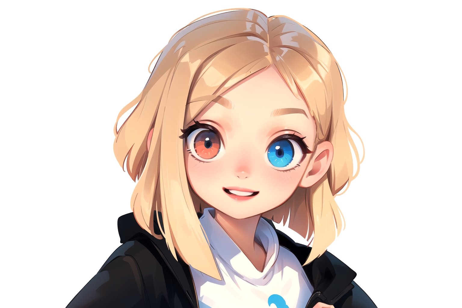 white girl,  thicc,  solo,  upper body,  looking at viewer,  white background,  bob cut,  (long hair),  bows in hair,  heterochromia eyes,  blonde hair,  red lips,  eyeliner, smile, jacket, SAM YANG art style