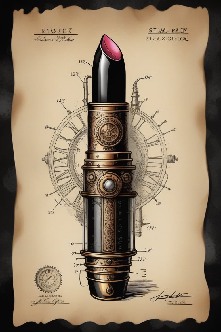 patent style drawing of steam lipstick in ink on an old paper,(steampunk:1.2),old fashioned,nostalgie,black background