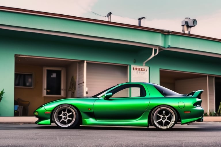 Mazda RX7 green colour, in from of a motel, pumping the hydraulic crowd staring at the car lowrider, full details, high quality