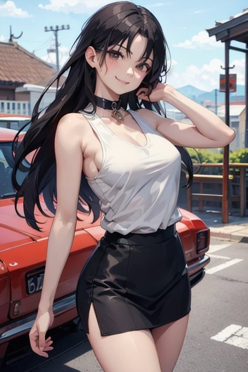 smile,  panties, mature_woman, 27 years old, stern expression, excited, flirty pose, sexy, looking at viewer, scenic, big boobs view,Extremely, long black hair, brown eyes, tank top transparent anime style,Realistic,REALISTIC,Masterpiece,highres,best quality, 

Sonozaki Shion, black hair, brown eyes, long hair, red ibbon, black collar on her neck, small tank top,, black skirt,
,sonozaki shion