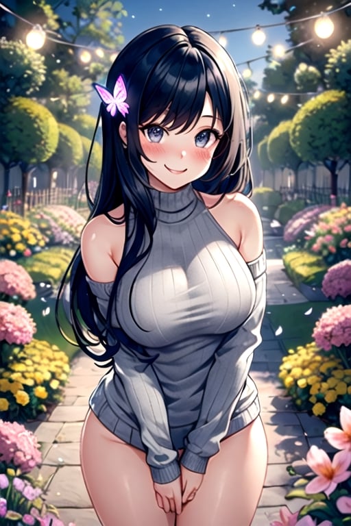masterpiece, best quality, ultra-detailed, extremely detailed, 4K, 8K,1 woman,large breasts,solo,cute, blush,smiling,grey eyes, black hair, long hair,sweater, bare shoulders, cowboy shot,glowing lights, best quality, in a garden of flowers,butterflies everywhere,