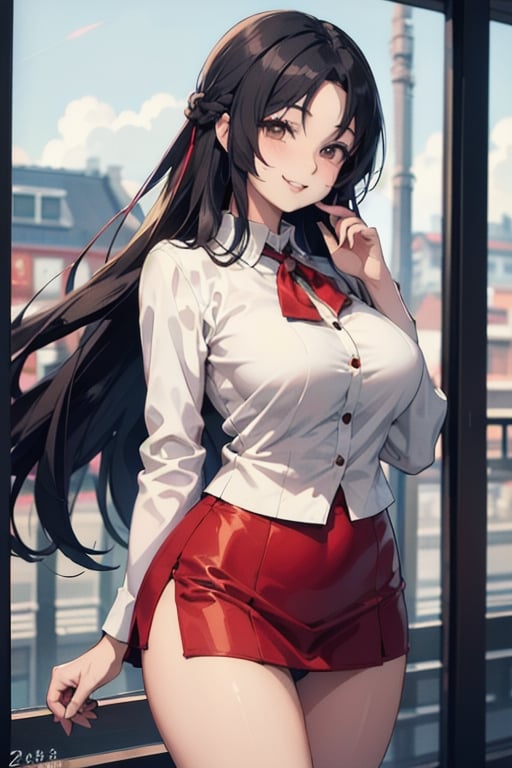 cute smile,  panties,woman, 27 years old, shy expression, excited, flirty pose, sexy, looking at viewer, scenic, big boobs view,Extremely, long black hair, brown eyes, red blouse,transparent, anime style,Realistic,REALISTIC,Masterpiece,highres,best quality, 

Sonozaki Shion, black hair, brown eyes, long hair, red ibbon, black collar on her neck, red blouse, transparent,,black mini skirt,sonozaki shion, blur background.