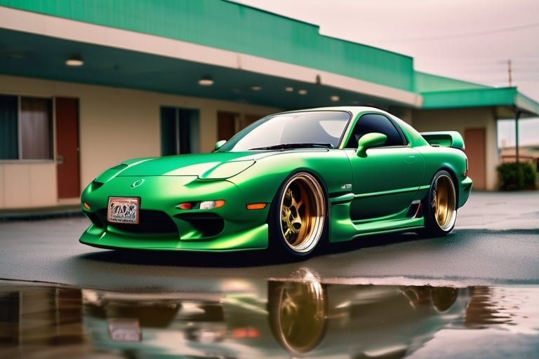 Mazda RX7 green colour, in from of a motel, pumping the hydraulic crowd staring at the car lowrider, full details, high quality