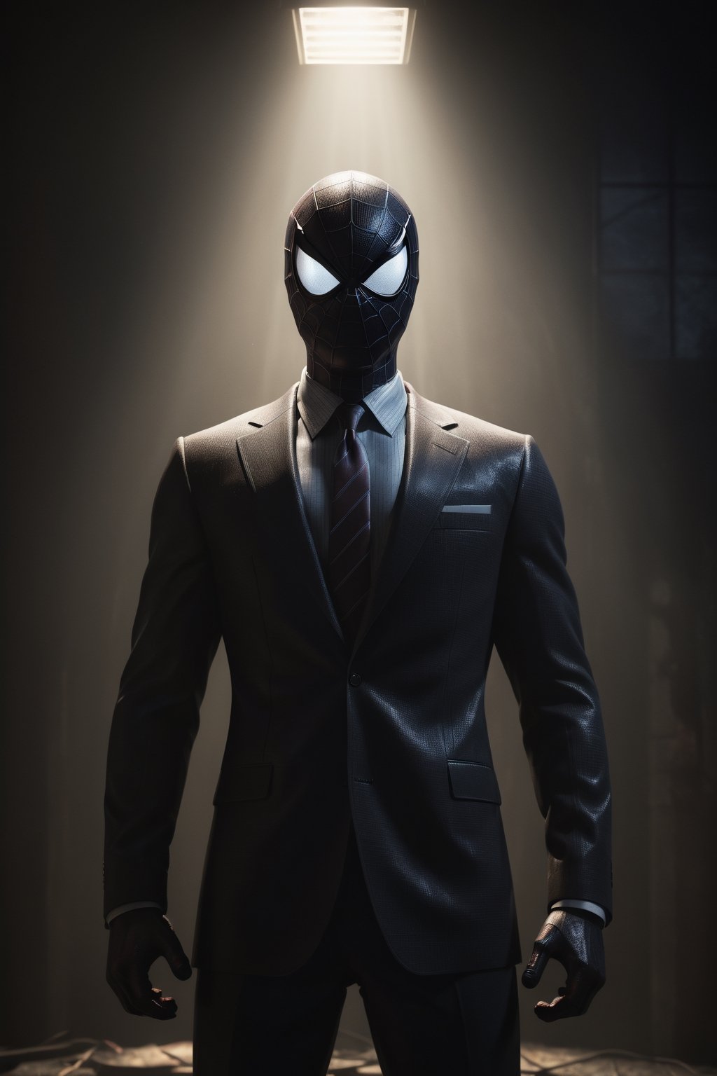 Spider-Man is standing in a dark and mysterious environment. The scene is lit by a single light source, creating a sense of tension and suspense. The character is wearing a suit and tie, and their face is obscured by shadows. The image is rendered in high detail, with realistic textures and materials. The overall effect is a visually stunning and thought-provoking image that is sure to keep viewers engaged.
