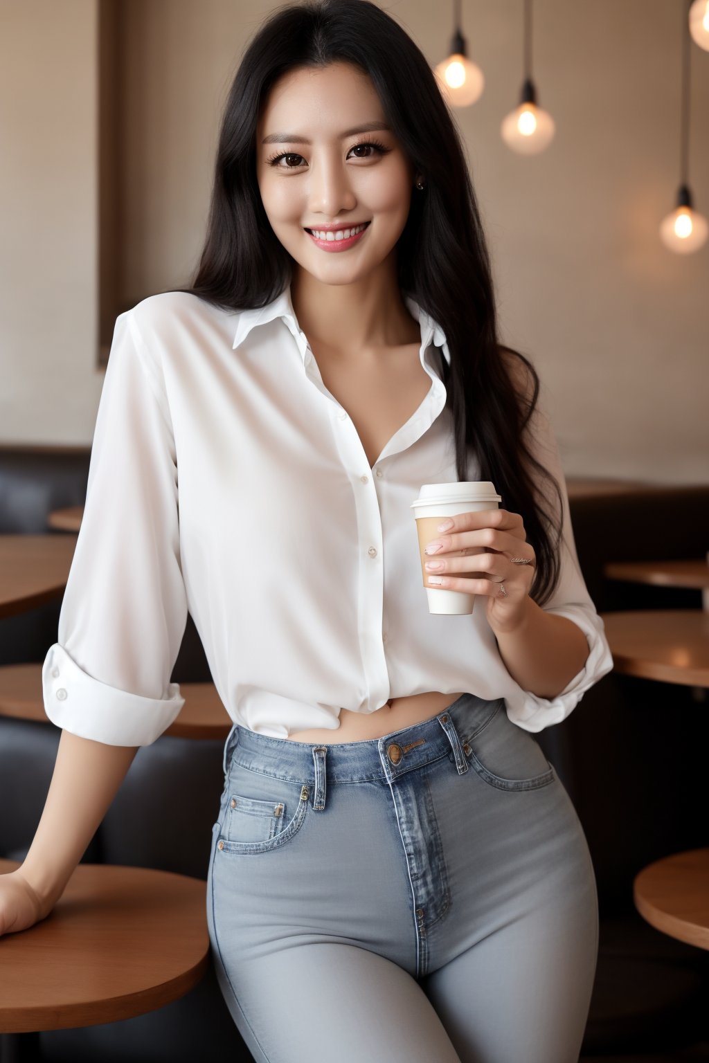 photorealistic,photographed with a Nikon d850, Nikon AF-S Nikon 58mm f/1.4G lens, natural light, photon mapping, ultra high res, Full length photo of beautiful  woman. Beautiful woman is looking at camera, flirting,(black straight hair) , large breast,petite, correct finger, correct nose, correct hand, correct legs, correct eyes, correct anatomy, perfect body,  Masterpiece, correct teeth, photo realistic, Perfectly correct and beautiful lips, Perfectly correct and beautiful eyes,sexy gaze, (sexy white shirt, tight fitting jeans), (slight  smile), sexy  pose,Korean,drinking coffe in a cafe