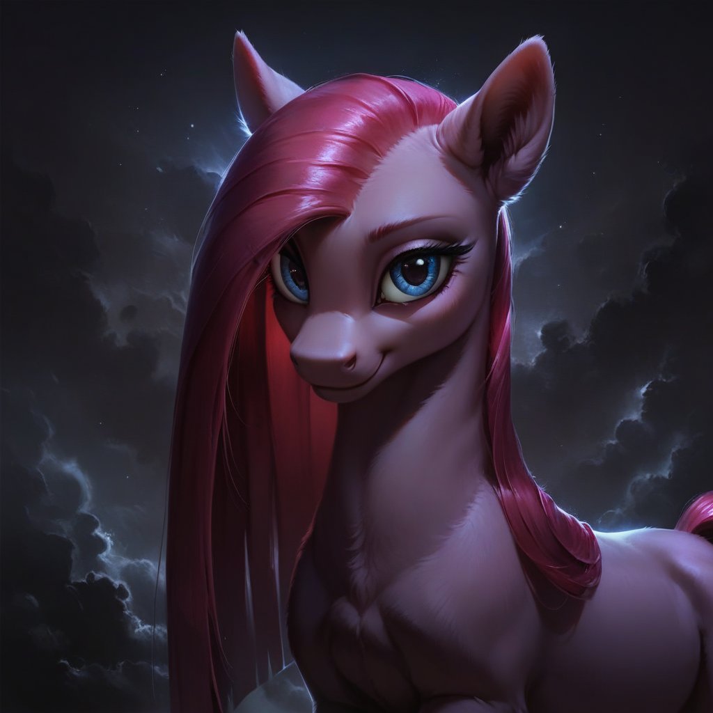 score_9, Pinkamena, pony, fluffy, furry, detailed, beautiful, Expressiveh, realism, smile, dark theme, black fog