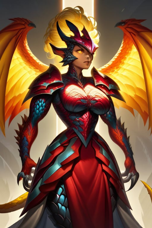 An intricate and vibrant anime-style illustration featuring a chimera girl. She has a dragon lower body with four legs, a human upper body with blonde hair, large breasts, and a narrow waist. She has feathered wings, animal paws, claws, a tail, and scales. She is wearing a knight's helmet and robot-like armor with red trim, posing with a confident and powerful stance. She has glowing yellow eyes and a muscular physique. The background is simple and grey, with volumetric and chiaroscuro lighting highlighting her features. The overall design is detailed and epic, capturing the essence of a monster girl with both dragon and human elements.