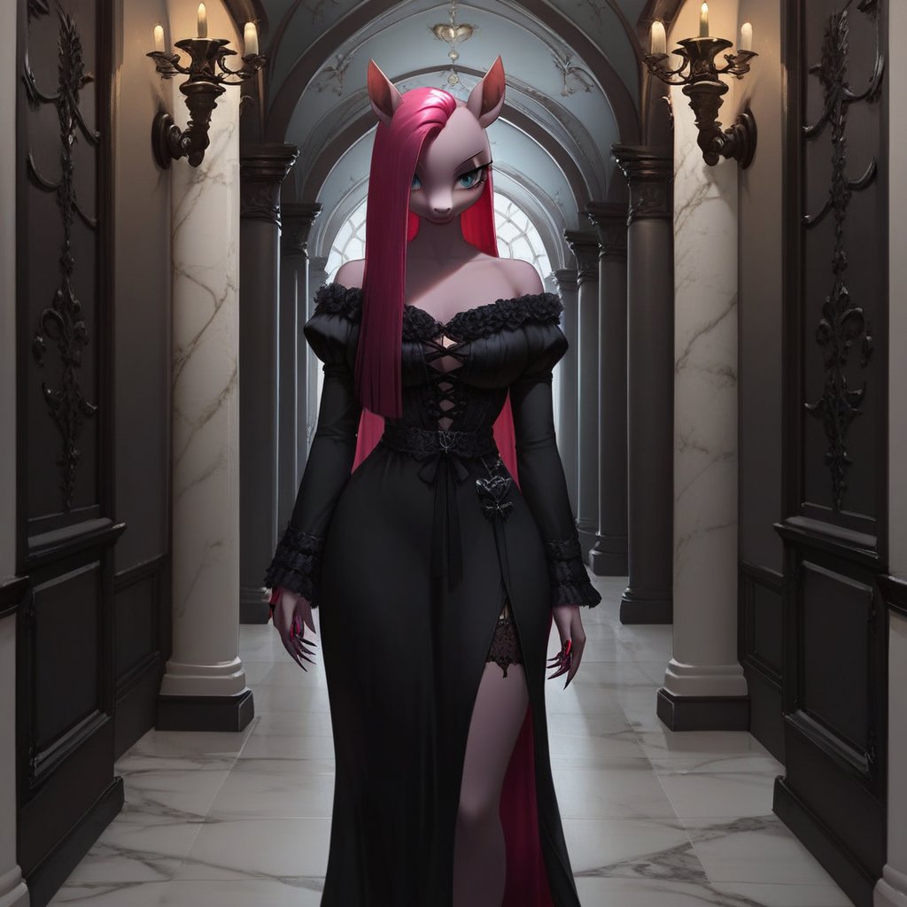 score_9, gothic female anthropomorphic Pinkamena,  wearing provocative satin robe, in dark gothic hallway,  anime, dark fantasy