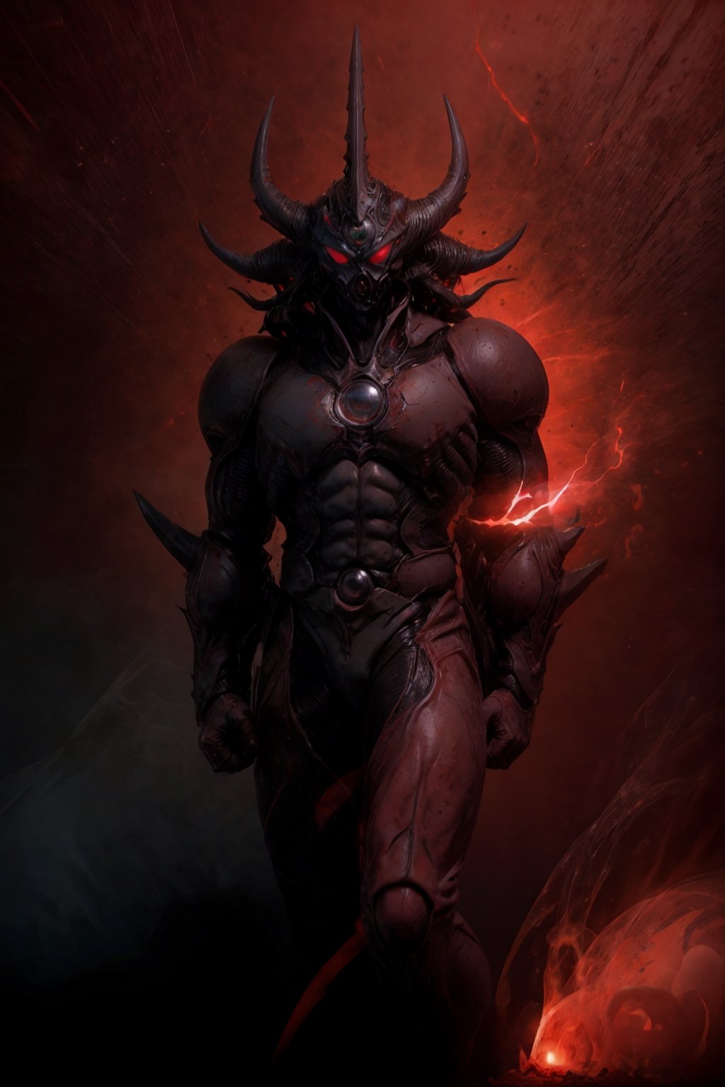 beast, 1 fat male, muscle, super-huge sharp horns on the head, g01,eropose,biochemical armor,
,Tentacles, few spotlight , (((glowing red eyes))),biochemical style,