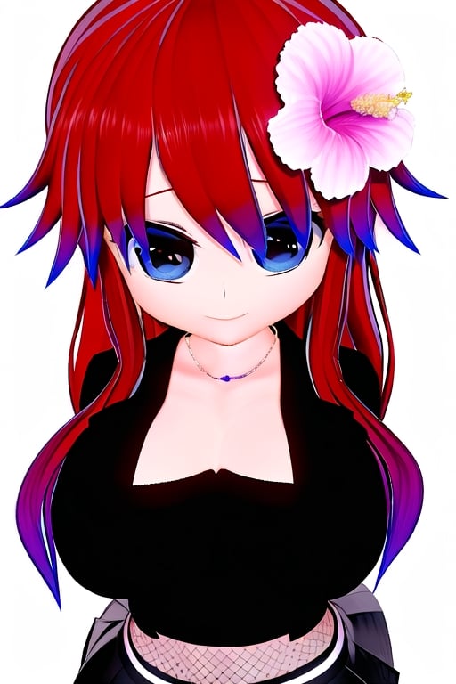 Azami Tadaki, a cute girl with hair color of red and big anime eyes  wearing a mesh top, a black miniskirt, and an open black short jacket. She also wears a blouse with a square neckline, 1girl, red hair, blue eyes,  long hair, cleavage, jewelry, necklace, smile, hair flower