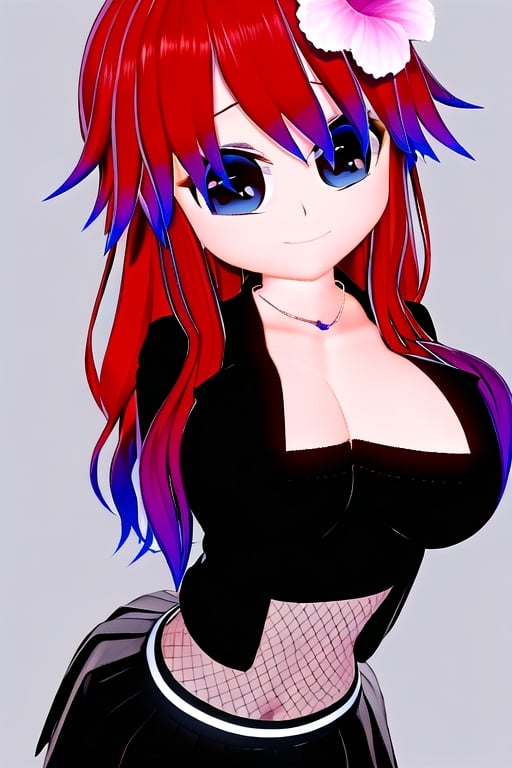 Azami Tadaki, a cute girl with hair color of red and big anime eyes  wearing a mesh top, a black miniskirt, and an open black short jacket. She also wears a blouse with a square neckline, 1girl, red hair, blue eyes,  long hair, cleavage, jewelry, necklace, smile, hair flower