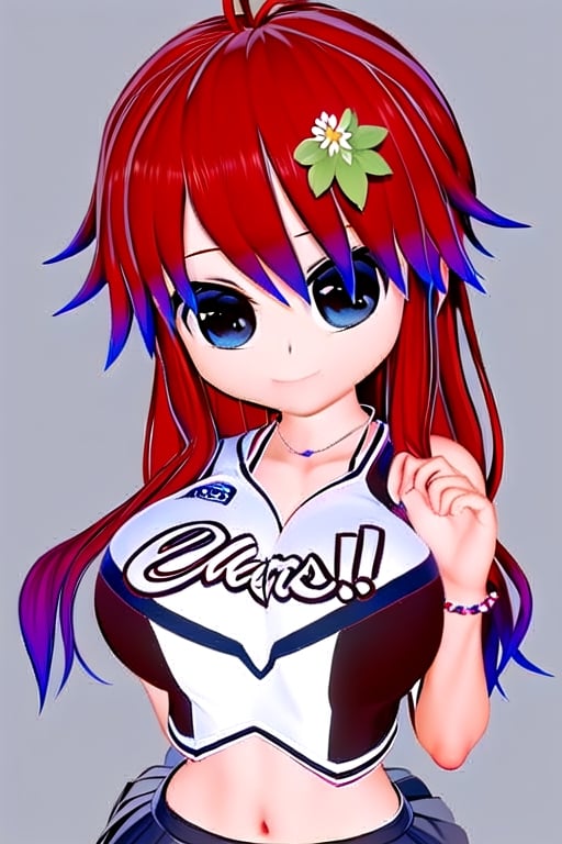 Azami Tadaki, a cute girl with red hair and big anime eyes, wearing her cheerleader uniform, 1 girl, red hair, blue eyes, long hair, cleavage, jewelry, necklace, smile