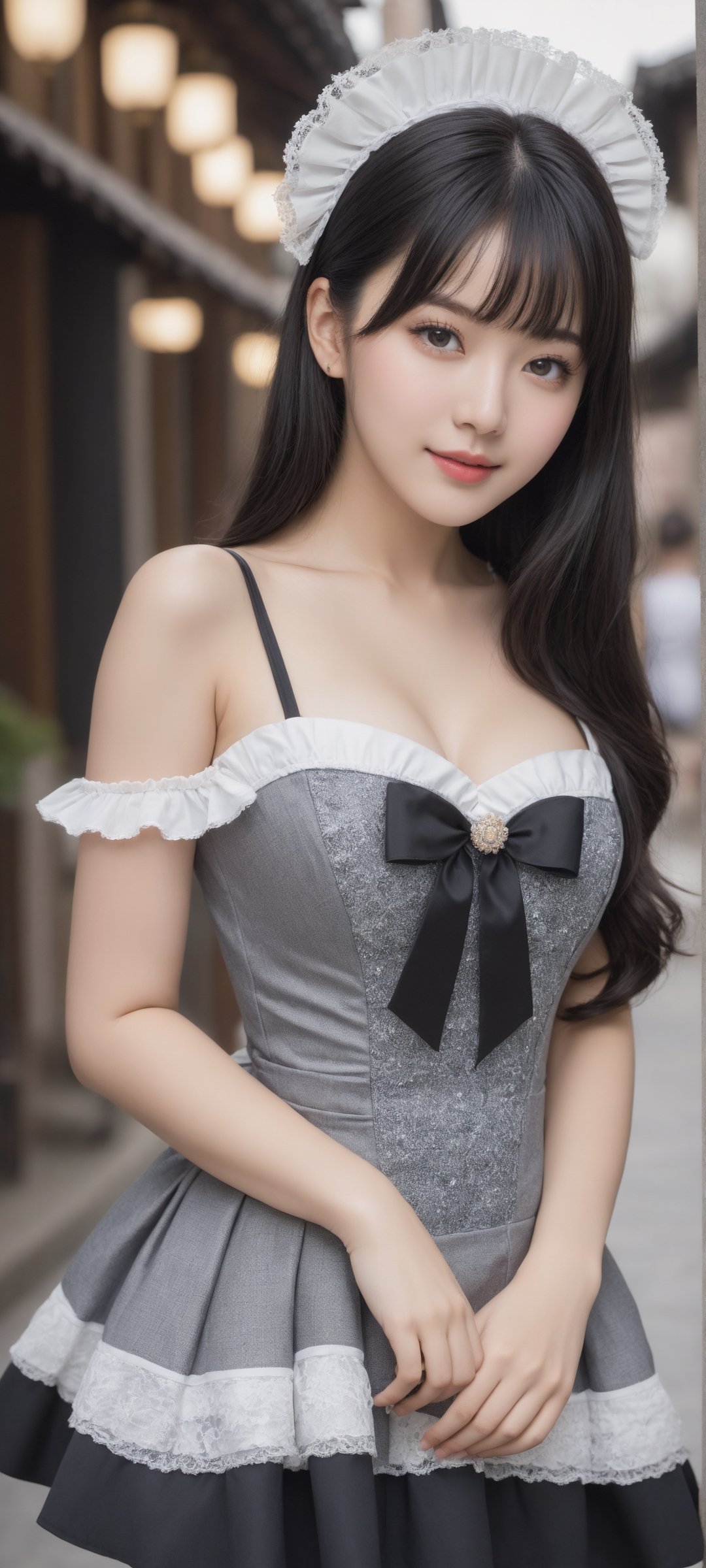 masterpiece,best quality,realistic,photo,real,incredibly_absurdres,Ultra HD,Affectionately looking at you,8K,UHD,in the city street,simple background,upper body, arms behind head, arms behind back, bust photo,
The 18-year-old Chinese girl Wearing a lolita_fashion, She has black hair. The lines of her face are soft and smooth. Her skin is as fair as snow,soft and delicate,and her eyes are bright and bright,deep and mysterious,making people feel endless charm and appeal. The eyebrows are slender and graceful,the nose is straight and noble,the lips are rosy and seductive,and the slightly raised angle reveals confidence and elegance. Her facial features are delicate and three-dimensional,with well-defined contours,like a fine painting or a finely carved work of art. The overall feeling is gentle,elegant,noble and full of charm.masterpiece,best quality, realistic, photo, real, absurdres, incredibly_absurdres,huge_filesize, bust, girl, kawaii, adorable girl, bishoujo, ojousama, idol, student, long hair, black hair, beautiful detailed eyes, looking at viewer, seductive smile, black eyes, medium breasts,