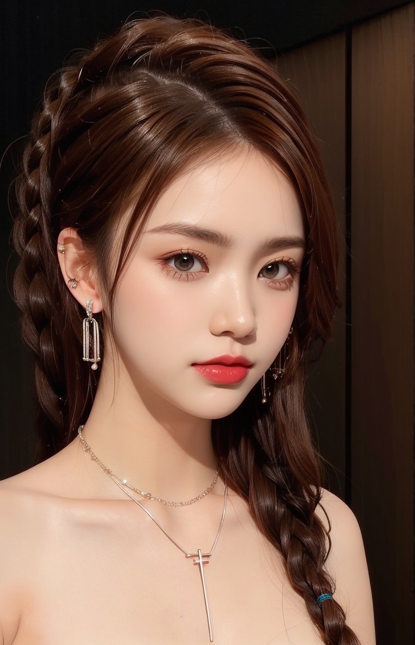 16K, 1girl, solo, long hair, looking at viewer, simple background, smile, closed mouth, brown hair, brown eyes, jewelry, earrings, lips, portrait, reality, braid, makeup, lipstick, bare shoulders, nude, Symmetrical ponytails, necklace, bare shoulders, BBB2