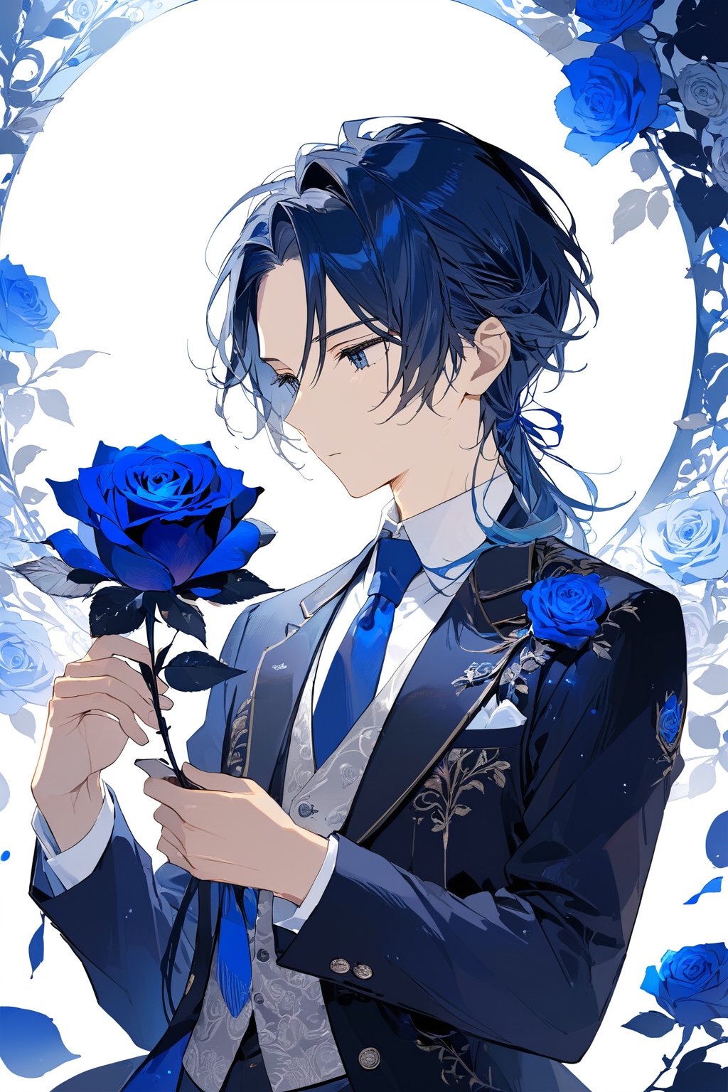 A young man with half of his hair in deep blue and the other half in light blue, dressed in a suit, holding a blue rose. Exquisitely detailed and finely crafted, it's a masterpiece.








