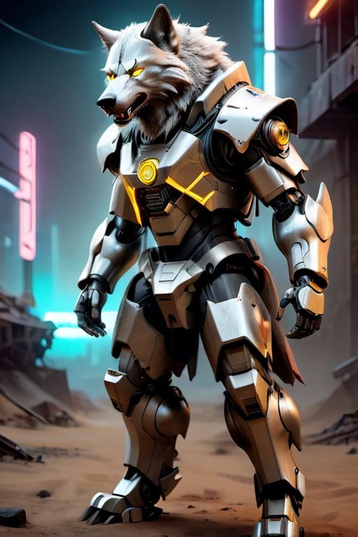 masterpiece, artistic design, image of a futuristic robot shaped like a werewolf, mechanical wolf android inspired by technological clothing with neon lights, neon lighting, soft lighting, illumination cinematic, volumetric lighting, neon background, cyberpunk, mecha, wolf, cybord, mechanical wolf head,neon background, attack position, attacking, apocalyptic scenario, ruined reality, apocalyptic desert,mecha