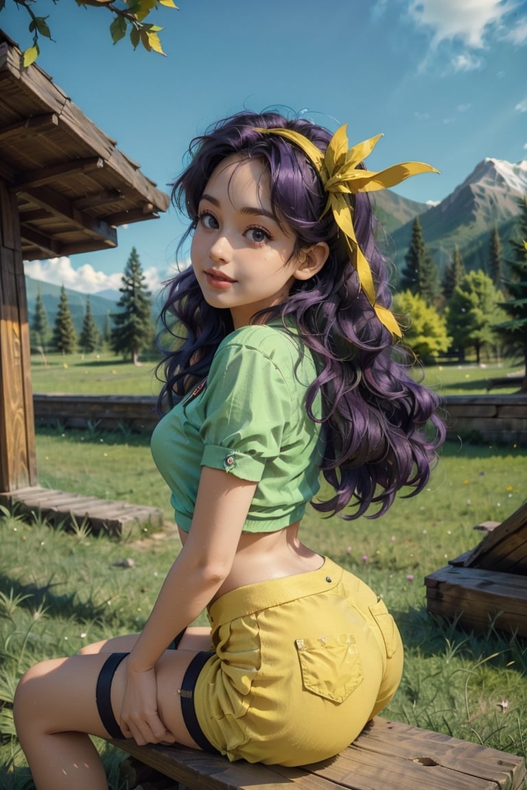 girl,light_eyes, dark purple hair, trees in background,1 girl, smile,dragon ball, chichi, helmet, wide hips, narrow waist, 26 years old ,1girl,adult human,REALISTIC ,short green blouse, yellow shorts, girl on a dinosaur, rider, girl on a dinosaur, a landscape with mountains in the background, campaign in the background, looking-at-viewer, side_view,red bow hairband,Sexy Pose,Styles Pose,Ankylosaurus_Dinosaur,dragon,pet dragon