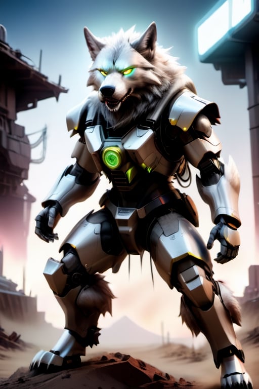 masterpiece, artistic design, image of a futuristic robot shaped like a werewolf, mechanical wolf android inspired by technological clothing with neon lights, neon lighting, soft lighting, illumination cinematic, volumetric lighting, neon background, cyberpunk, mecha, wolf, cybord, mechanical wolf head,neon background, attack position, attacking, apocalyptic scenario, ruined reality, apocalyptic desert,mecha,anthro