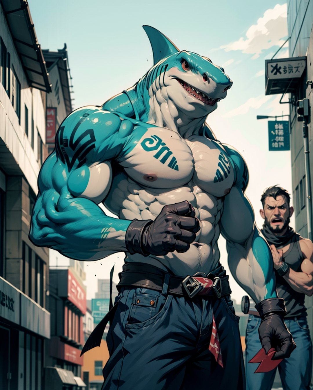 anthropomorphic, street shark, muscular umanoid shark roaring and attacking pocision, king_shark,
aggressive expression, tattoos on arms, angry, short gloves and claws on fingers