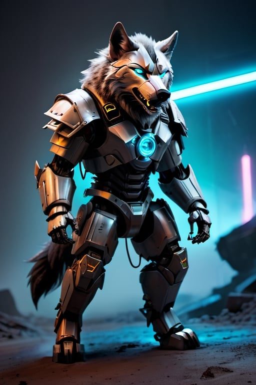 masterpiece, artistic design, image of a futuristic robot shaped like a werewolf, mechanical wolf android inspired by technological clothing with neon lights, neon lighting, soft lighting, illumination cinematic, volumetric lighting, neon background, cyberpunk, mecha, wolf, cybord, mechanical wolf head,neon background, attack position, attacking, apocalyptic scenario, ruined reality, apocalyptic desert