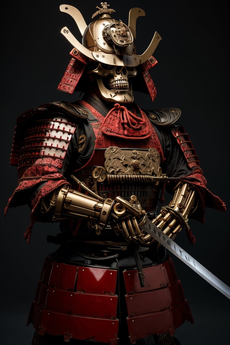mechanical samuray, japanese samurai warrior with mechanical components in his armor, two swords, samurai mask,armor, skull mask