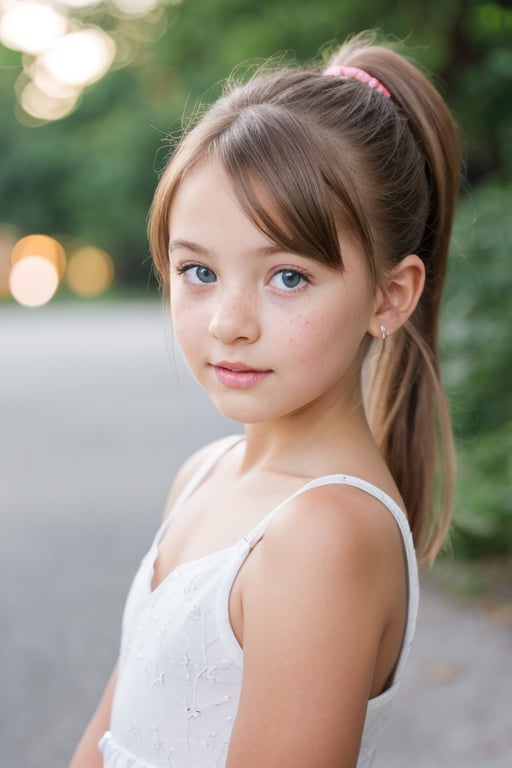 masterpiece portrait, Hyperrealistic, stunning beauty, high detail, cinematic photo Medium format photography, Anime tween girl digital artwork, A tween girl in her 12s, looking at the camera, she has freckles, blue eyes, she has Lush blonde hair,, wearing a mini dress, ponytail,  highly detailed, best quality, 8k uhd, Nikon 70d, ISO200, F/2.8, 1/25sec, 70mm . 35mm photograph, film, bokeh, professional, 4k, highly detailed