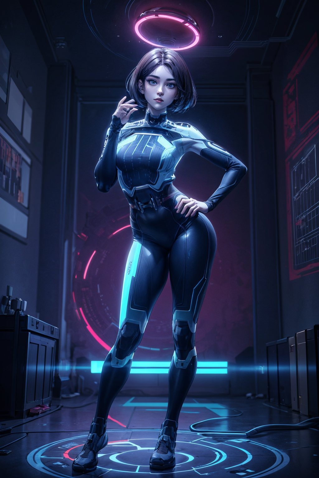 masterpiece, artistic design, image of a colored girl that emits its own light, lighting, cinematic lighting, volumetric lighting, laboratory, dynamic pose, taut skin, detailed, young face, best quality, 1 girl, blue eyes, full body , short hair, looking at viewer, nsfw:1.3, sexy pose, perfect anatomy, straight hair, dark hair, wide hips, narrow waist, different postures, ,(csm),1 girl,masterpiece,best,
quality, REALISTIC, Halo,Halo,neon background,Game, blue and white sibernetic costume.,Cortana, censored, circuit
,thewpn