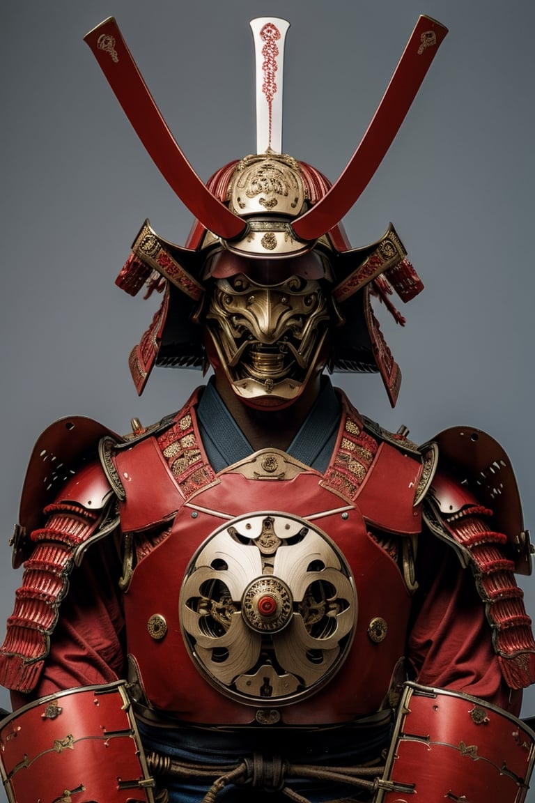 mechanical samuray, japanese samurai warrior with mechanical components in his armor, two swords, samurai mask,armor