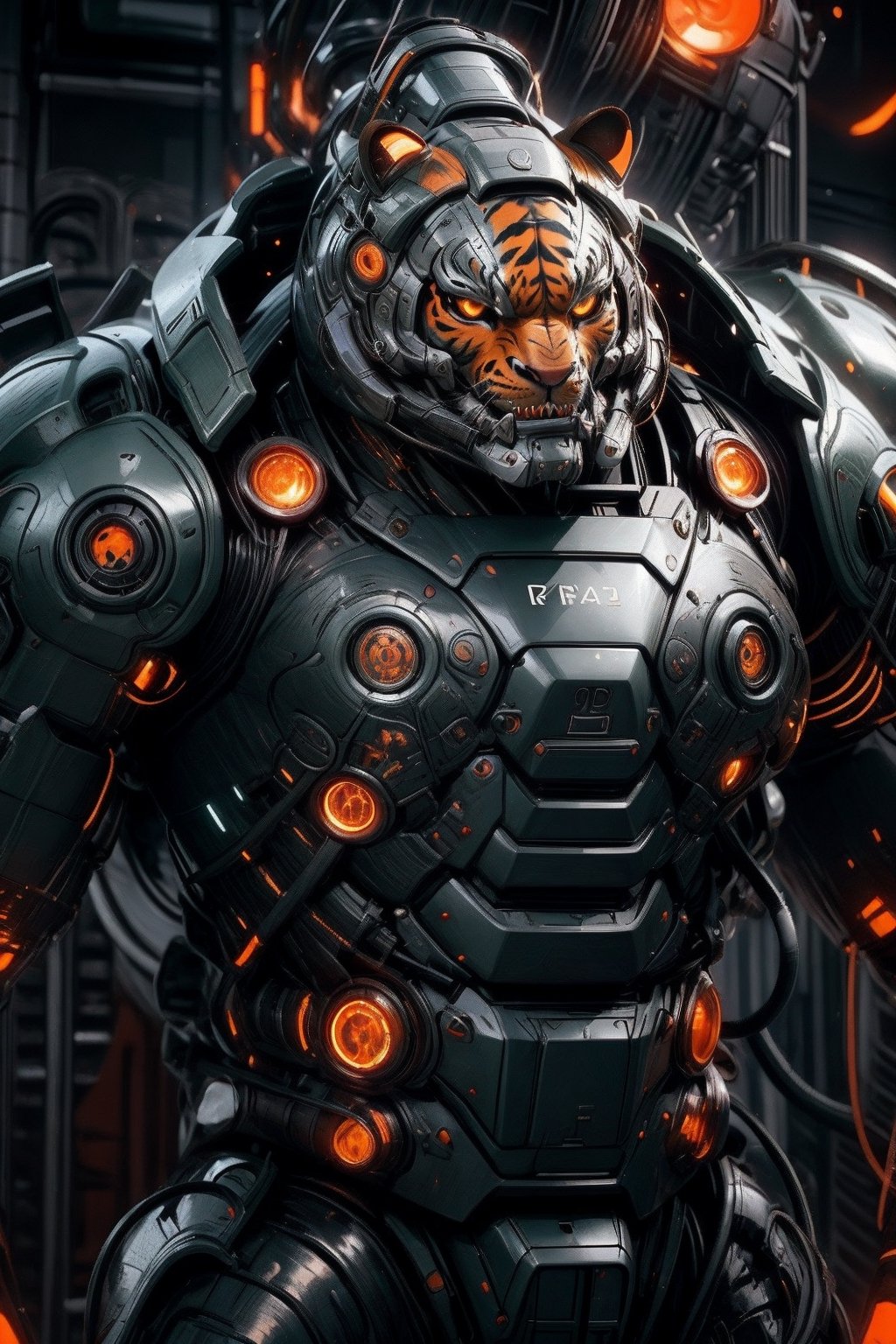 humanoid being with a tiger head and robotic armor, wide and muscular body, mechanical body parts, sharp teeth, aggressive look, feline, orange color,Male focus