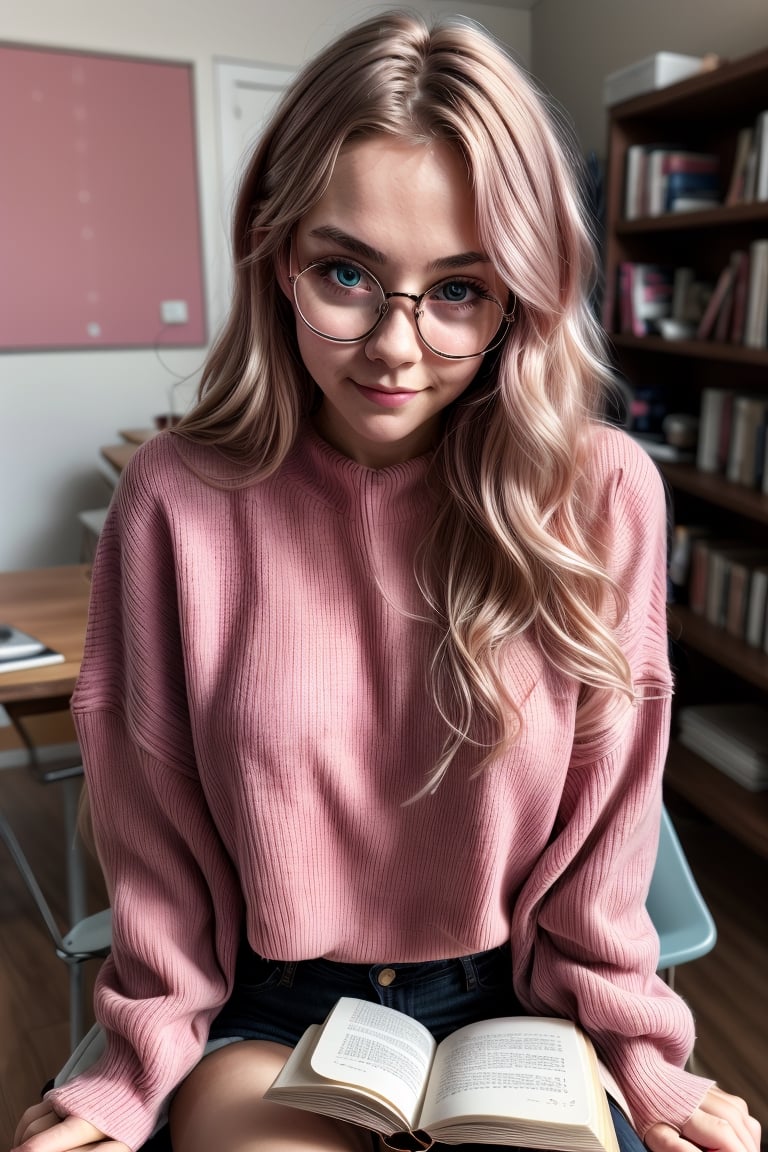 1 girl, pink,  long sweater, sitting on a chair, she is in front of a table reading books, glasses, studio, pink_hair, books on hands, studying, reading,TomReadingTheNewspaper, ,rosemyne bookworm