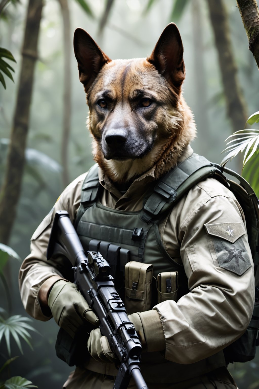 soldier with a dog face, soldier with rifle, camouflage clothing, tactical gloves, background of the image a jungle, medium shot, medium view