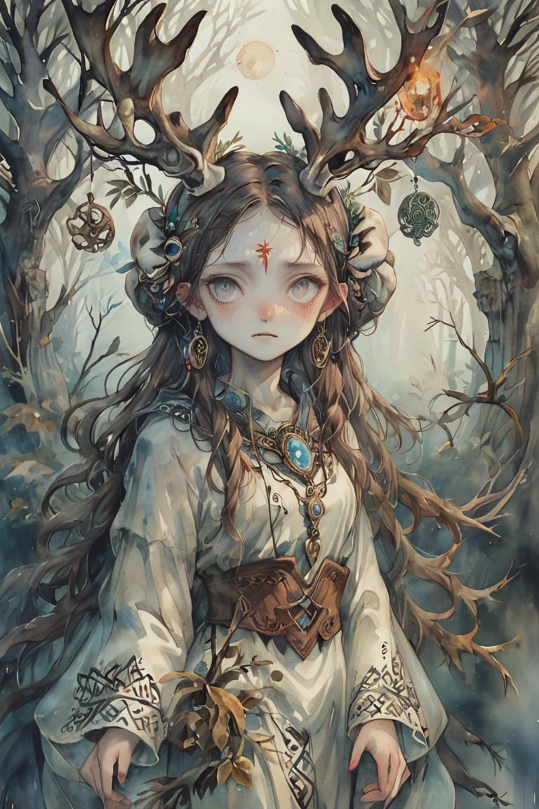 A shaman girl, with a large moose skull on her face, The strange decoration of dead branches, the mysterious and brightly colored Celtic shaman costume, and the girl is surrounded by a mysterious aura.,extremely detailed,watercolor \(medium\)