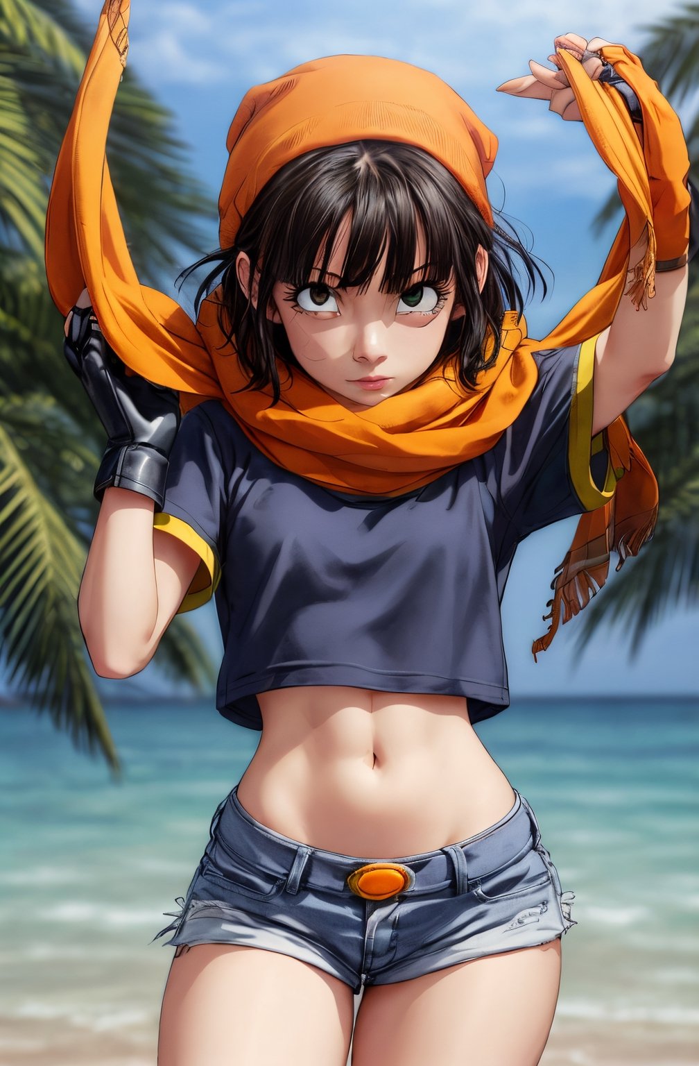 realistic: 1.2, high resolution: 1.5, award-winning upper body portrait, red cirta shirt, short, 1 girl, alone, looking at viewer, orange scarf head, short hair, blue eyes, Pan_DB_gt, shorts, wide hips, tight waist, film grain, Beach, Sexy and elegant poses, short gloves