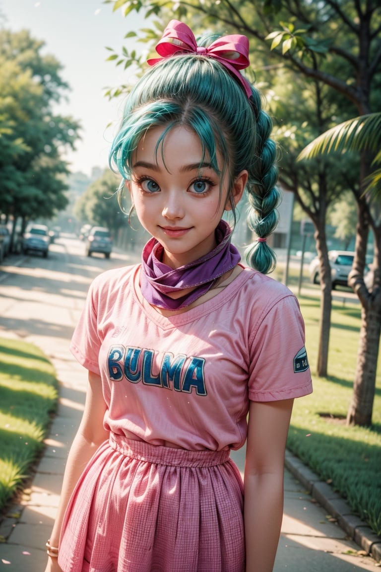 Girl, sexy girl, pink uniform, young face, light_eyes, light_blue_hair, bulma, trees in background, braid, purple scarf, pink skirt, pink shirt,Lisa,1 girl, smile