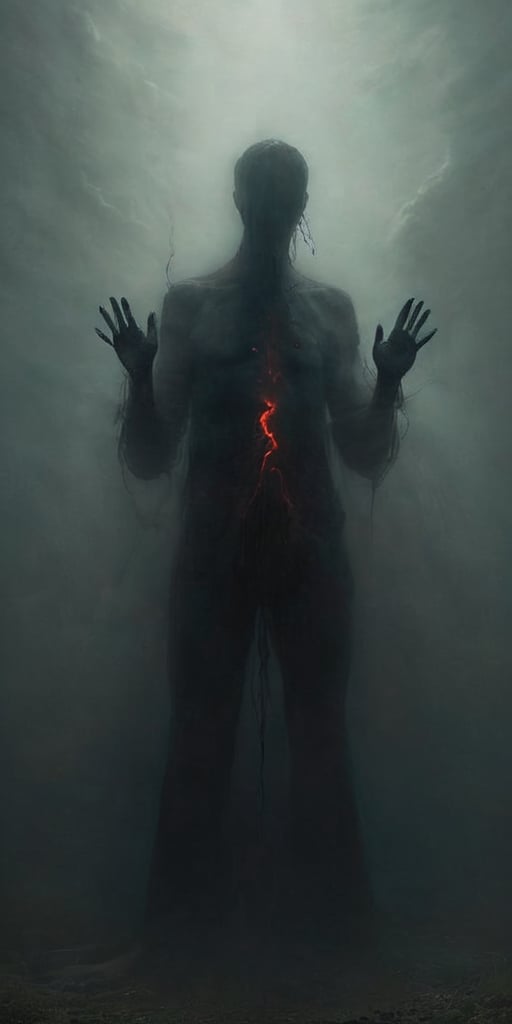 Generate hyperrealistic image of a humanoid being with a thin body with multiple arms and very long limbs that emerges from the shadows of a cloud forest. In his round head no face can be seen, only two round eyes that radiate a disturbing red and bright glow, his position is a little inclined but defiant, his head is drooping to the left side, his hands have very long fingers. . This is a creature of nightmares, a mysterious shadow lurking in the unknown, long fingers, mysterious silhouette, head tilted to the left. multiple arms and hands
Negative notice
Negative notice,digital artwork by Beksinski