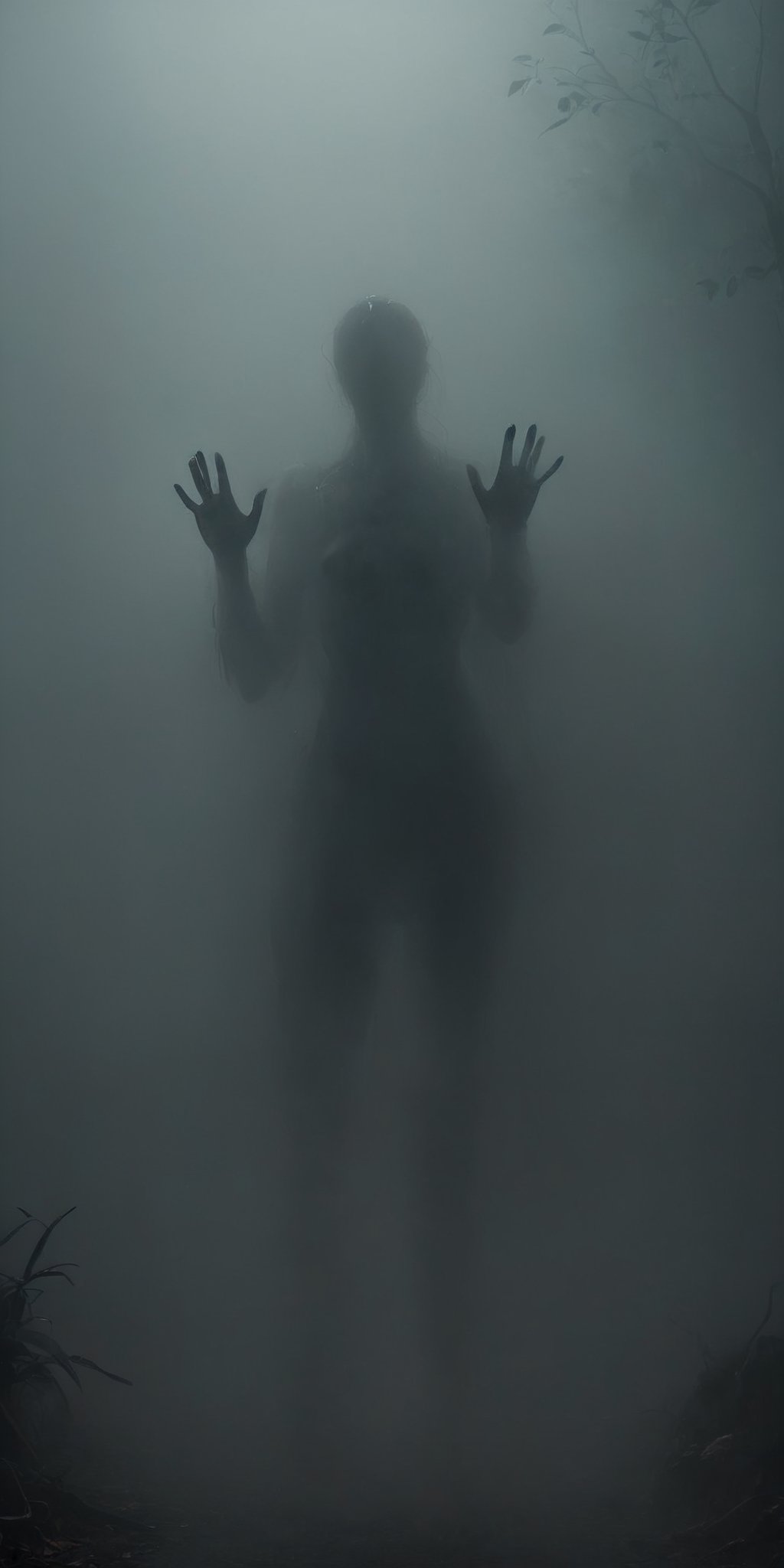 Generate hyperrealistic image of a humanoid being with a thin body and long limbs that emerges from the shadows of a cloud forest. In its round head, no face can be seen, only two lights are seen radiating a disturbing red and bright glow, its position is a bit bent but defiant. This is a creature of nightmares, a mysterious shadow being lurking in the unknown, long fingers, mysterious silhouette
Negative notice
,anthro,LegendDarkFantasy,smoke on the water,zkeleton, ,monster