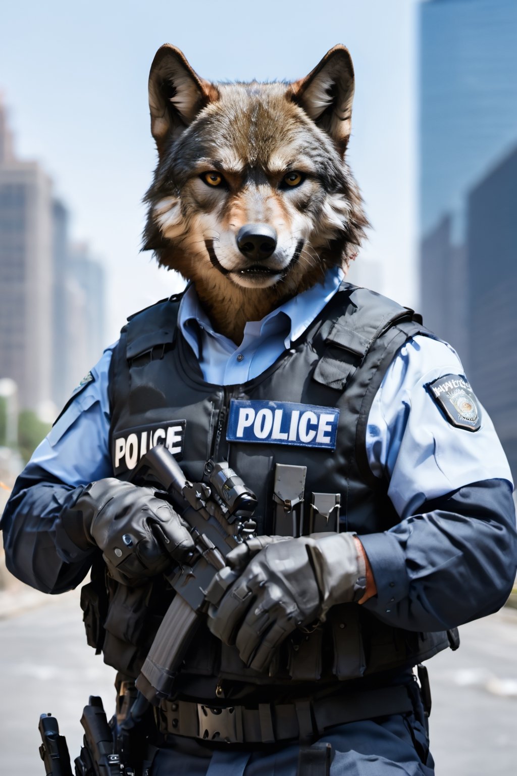 
policeman with wolf face, police uniform, vest, tactical gloves, image background of a city, medium shot, medium view,mw