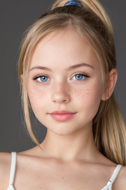 masterpiece portrait, Hyperrealistic, stunning beauty, high detail, cinematic photo Medium format photography, Anime tween girl digital artwork, A tween girl in her 12s, looking at the camera, she has freckles, blue eyes, she has Lush blonde hair,, wearing a mini dress, ponytail,  highly detailed, best quality, 8k uhd, Nikon 70d, ISO200, F/2.8, 1/25sec, 70mm . 35mm photograph, film, bokeh, professional, 4k, highly detailed