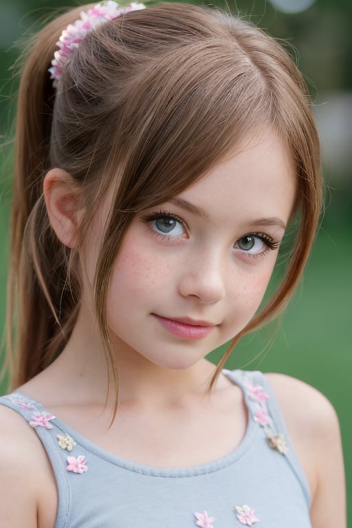 masterpiece portrait, Hyperrealistic, stunning beauty, high detail, cinematic photo Medium format photography, Anime tween girl digital artwork, A tween girl in her 12s, looking at the camera, she has freckles, blue eyes, she has Lush blonde hair,, wearing a mini dress, ponytail,  highly detailed, best quality, 8k uhd, Nikon 70d, ISO200, F/2.8, 1/25sec, 70mm . 35mm photograph, film, bokeh, professional, 4k, highly detailed