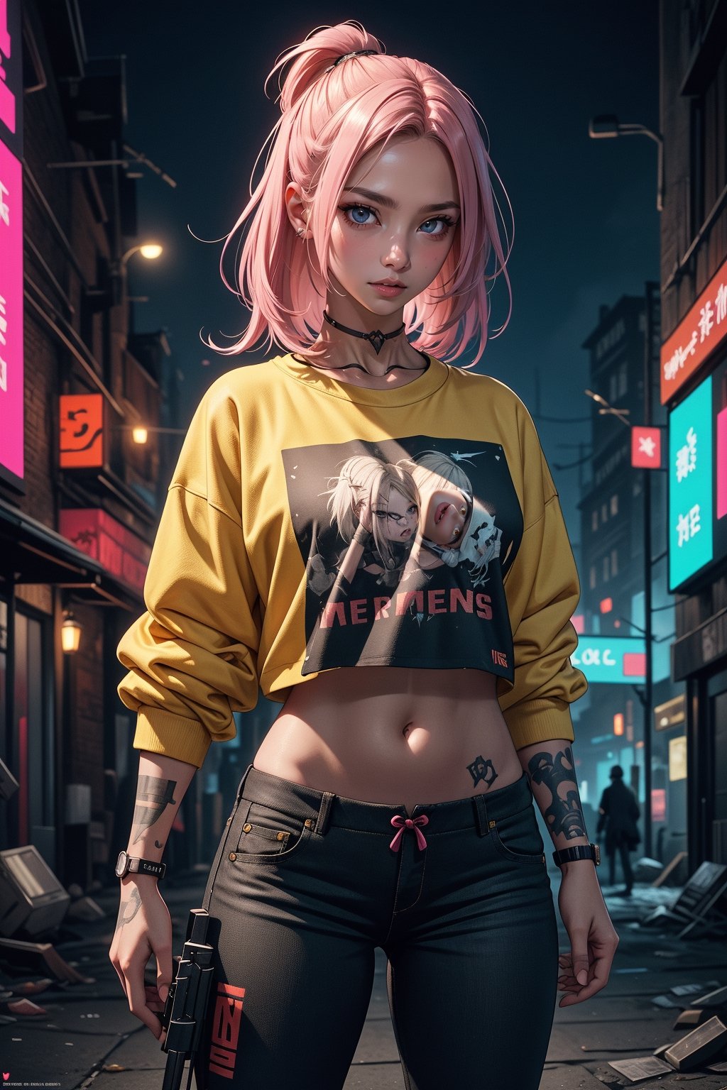 dark gothic cyberpunk woman, defiant face, pastel colors, in clothes, colorful hair, light yellow sweatshirt, pants, black, with pink, guns hd, high detail, huoshen, TheLastOfUs, mgln
