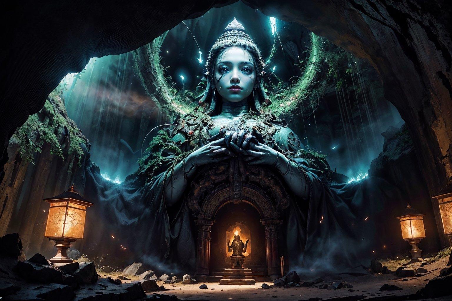 best quality, masterpiece, beautiful and aesthetic, 16K, (HDR:1.4),  cinematic lighting, ambient lighting, warm light, sidelighting, Exquisite details and textures, cinematic shot,  fantasy landscape, temple inside a large cave, a buddhist statue with three faces in the background , one face  fireflies,perfect,hand