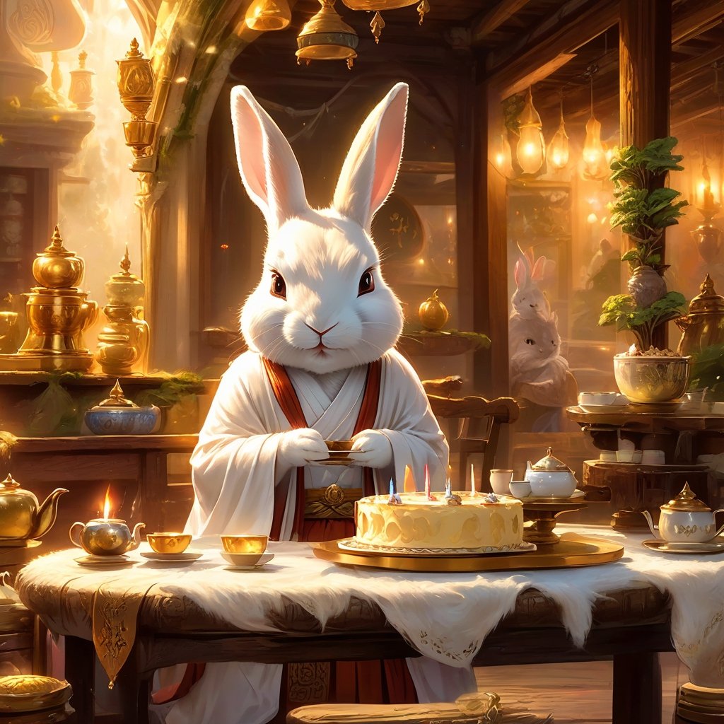 (masterpiece), Rabbit Every Monday, slim, in magic the gathering art style, whitish fur, makes birthday cake in medival tea shop, very friendly, fluffy, medival setting, on wall Buddha image, Buddha statue