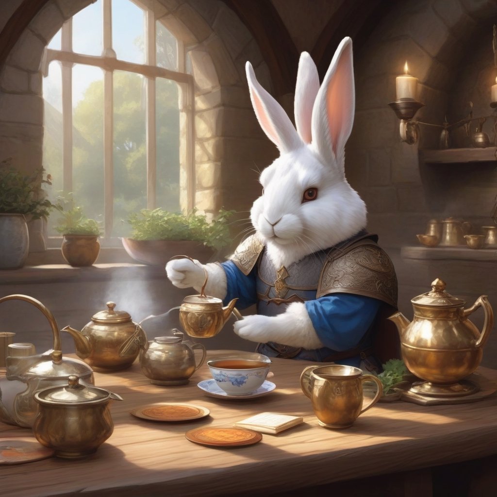 Rabbit Every Monday, in magic the gathering art style, whitish fur, making tea, medival setting