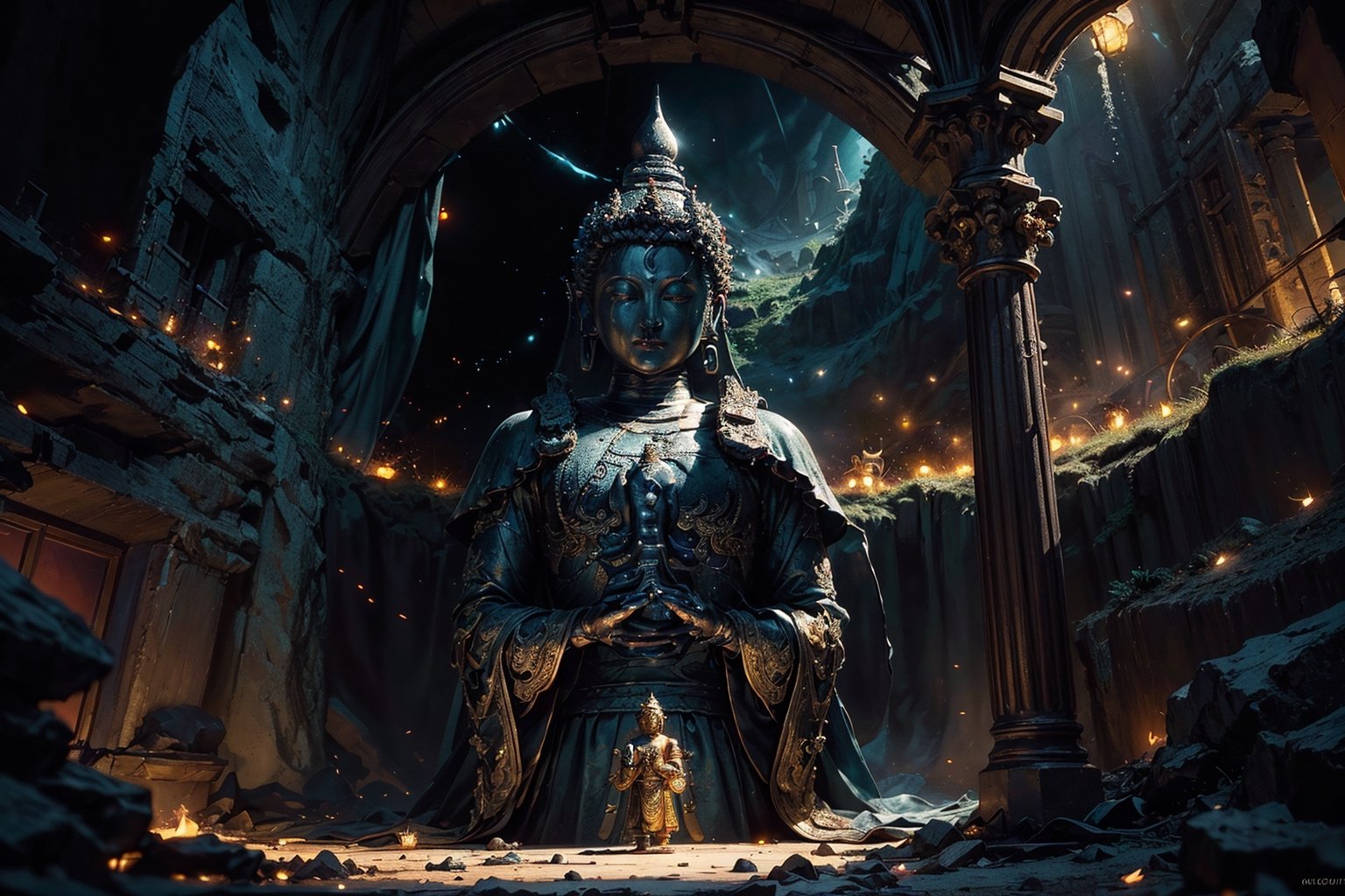 best quality, masterpiece, beautiful and aesthetic, 16K, (HDR:1.4),  cinematic lighting, ambient lighting, sidelighting, Exquisite details and textures, cinematic shot,  fantasy landscape, temple in a a large cave, a buddhist statue with three faces in the background ,fireflies