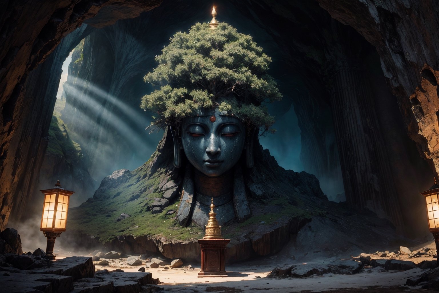 best quality, masterpiece, beautiful and aesthetic, 16K, (HDR:1.4),  cinematic lighting, ambient lighting, warm light, sidelighting, Exquisite details and textures, cinematic shot,  fantasy landscape, temple inside a large cave, a buddhist statue with one head in the background, the head with three faces, one face in the front, on face to the right, one face to the left,perfect