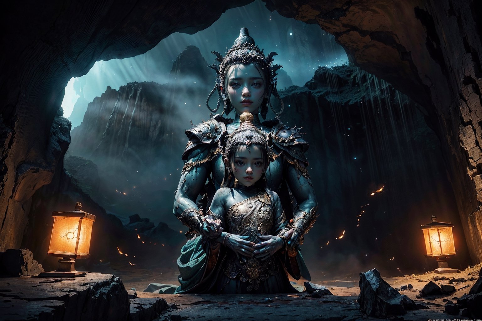 best quality, masterpiece, beautiful and aesthetic, 16K, (HDR:1.4),  cinematic lighting, ambient lighting, warm light, sidelighting, Exquisite details and textures, cinematic shot,  fantasy landscape, temple inside a large cave, a buddhist statue with three faces in the background , one face  fireflies,perfect,hand