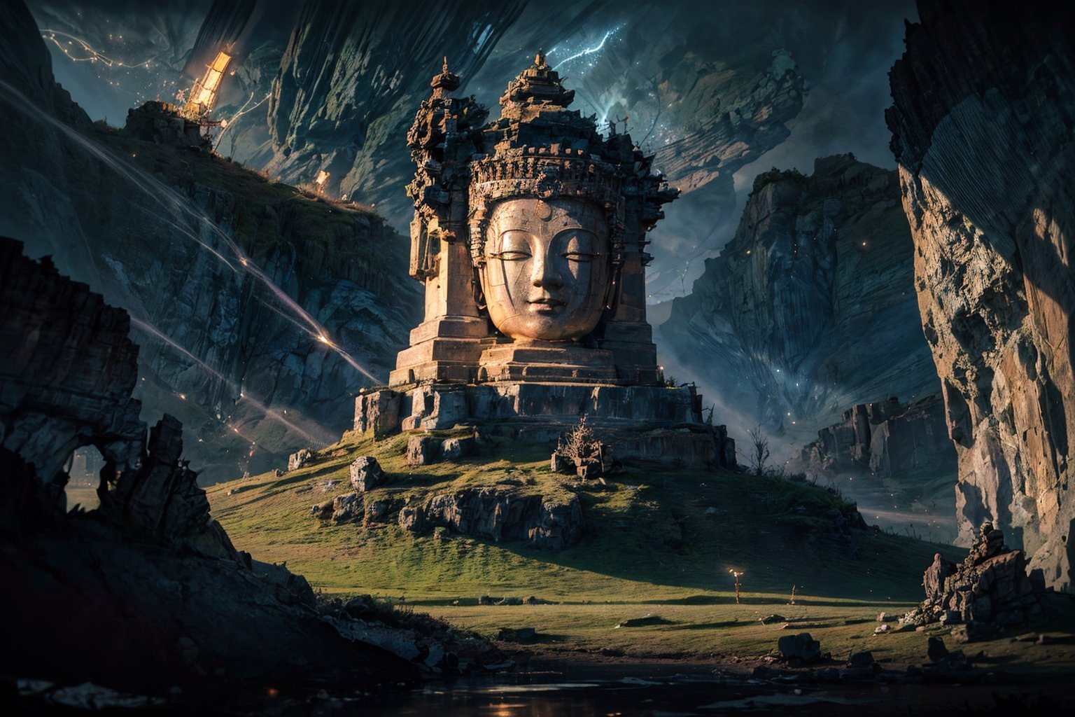 best quality, masterpiece, beautiful and aesthetic, 16K, (HDR:1.4),  cinematic lighting, ambient lighting, warm light, sidelighting, Exquisite details and textures, cinematic shot,  fantasy landscape, temple inside a large cave, a buddhist statue with one head in the background, the head with three faces, one face in the front, on face to the right, one face to the left, fireflies,perfect,no_humans