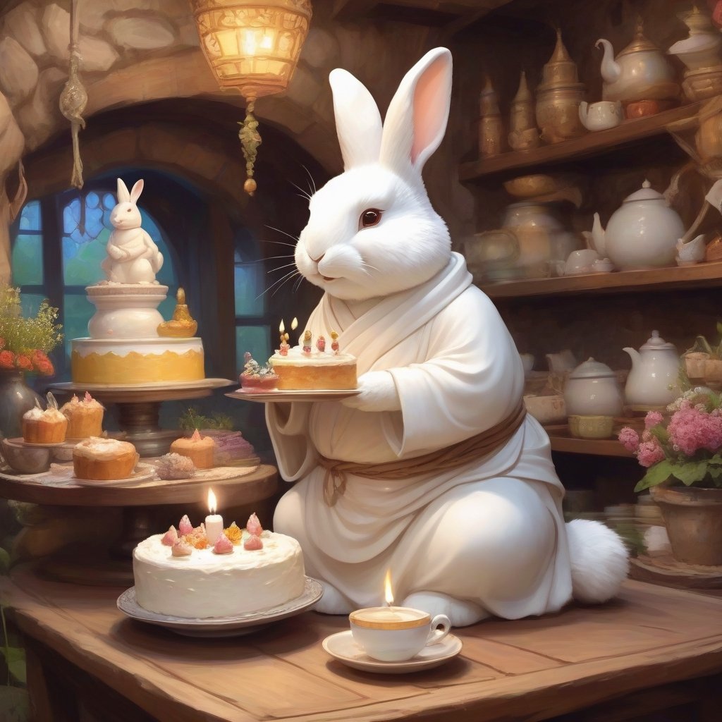 Rabbit Every Monday, in magic art style, makes birthday cake in medival tea shop, very friendly, whiteish fur, fluffy Buddha statue