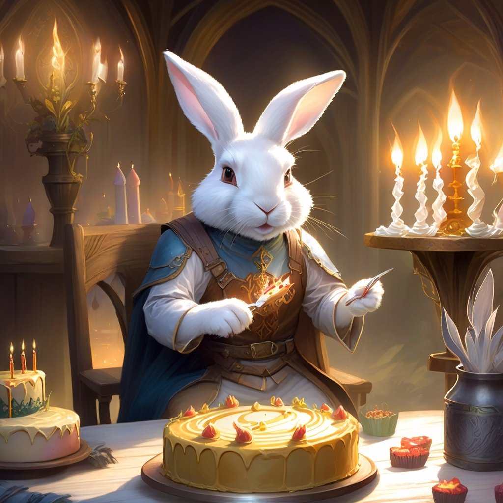 (masterpiece), Rabbit Every Monday, in magic the gathering art style, whitish fur, giving birthday cake, medival setting